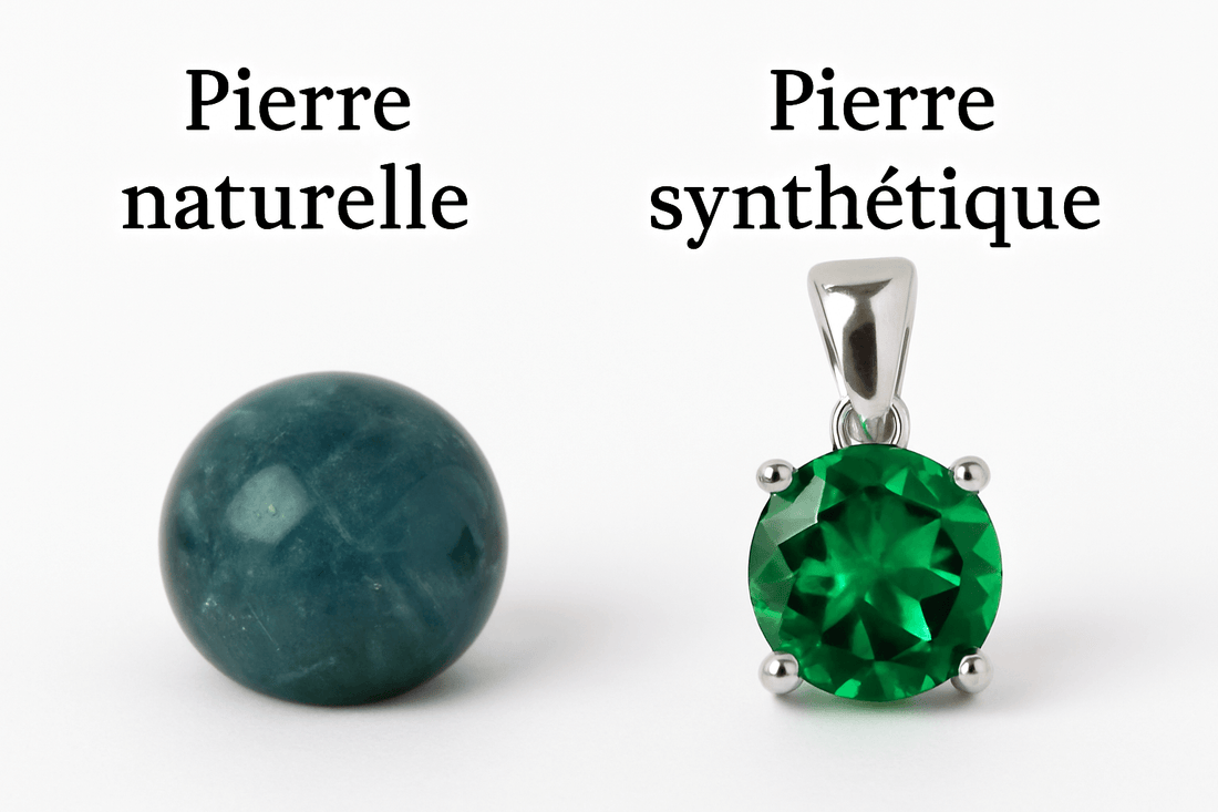 Bijou en pierre naturelle à côté d’une pierre synthétique – comparaison