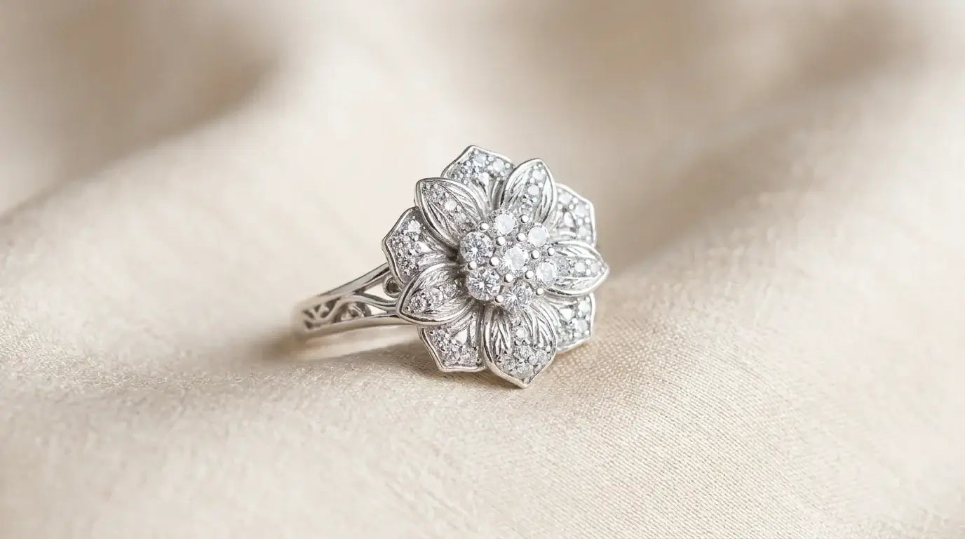 Bague florale en argent sertie de zircons présentée en gros plan sur fond clair