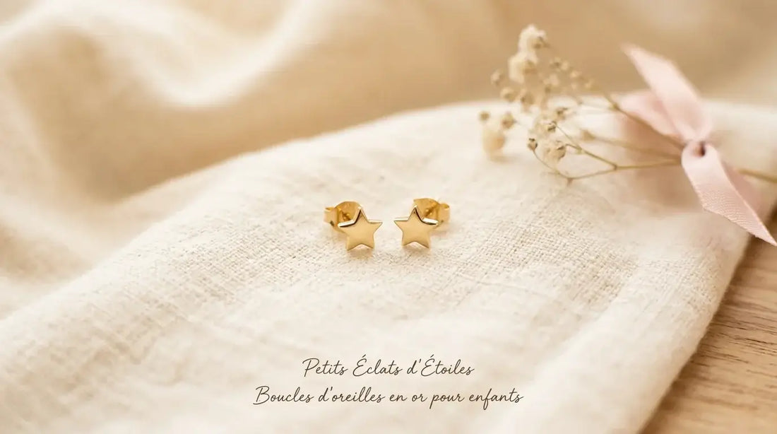 Petites boucles d'oreilles en forme d'étoile pour enfant posées sur un tissu clair