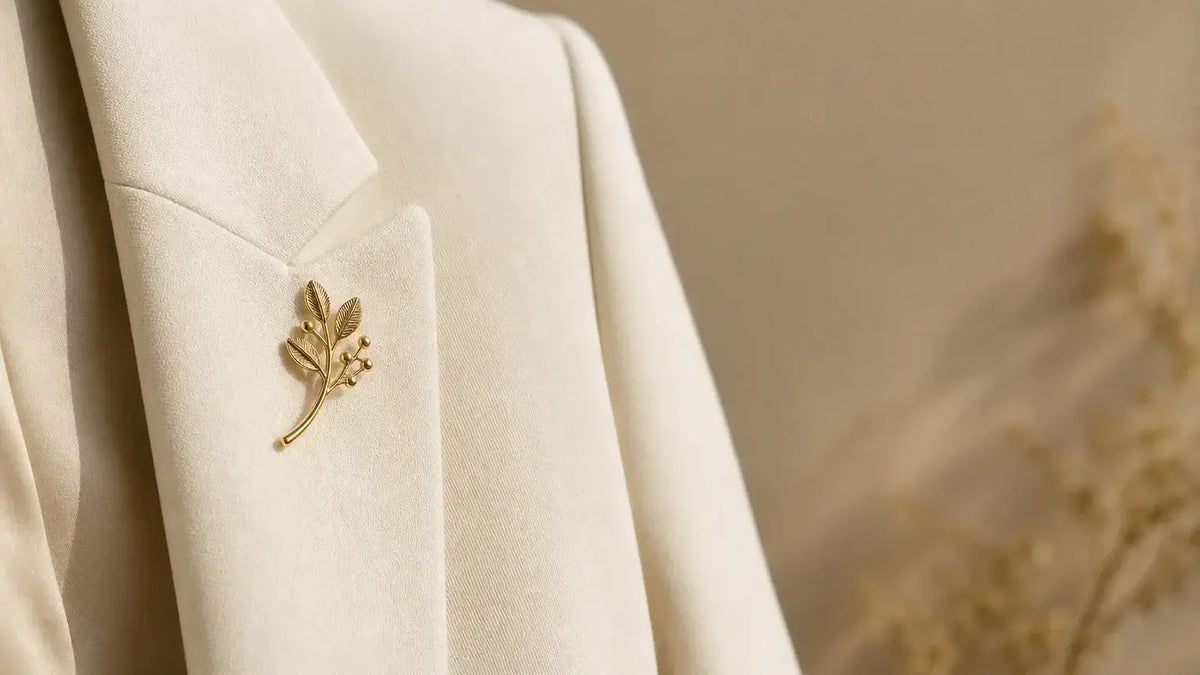 Broche élégante posée sur le revers d’un blazer crème