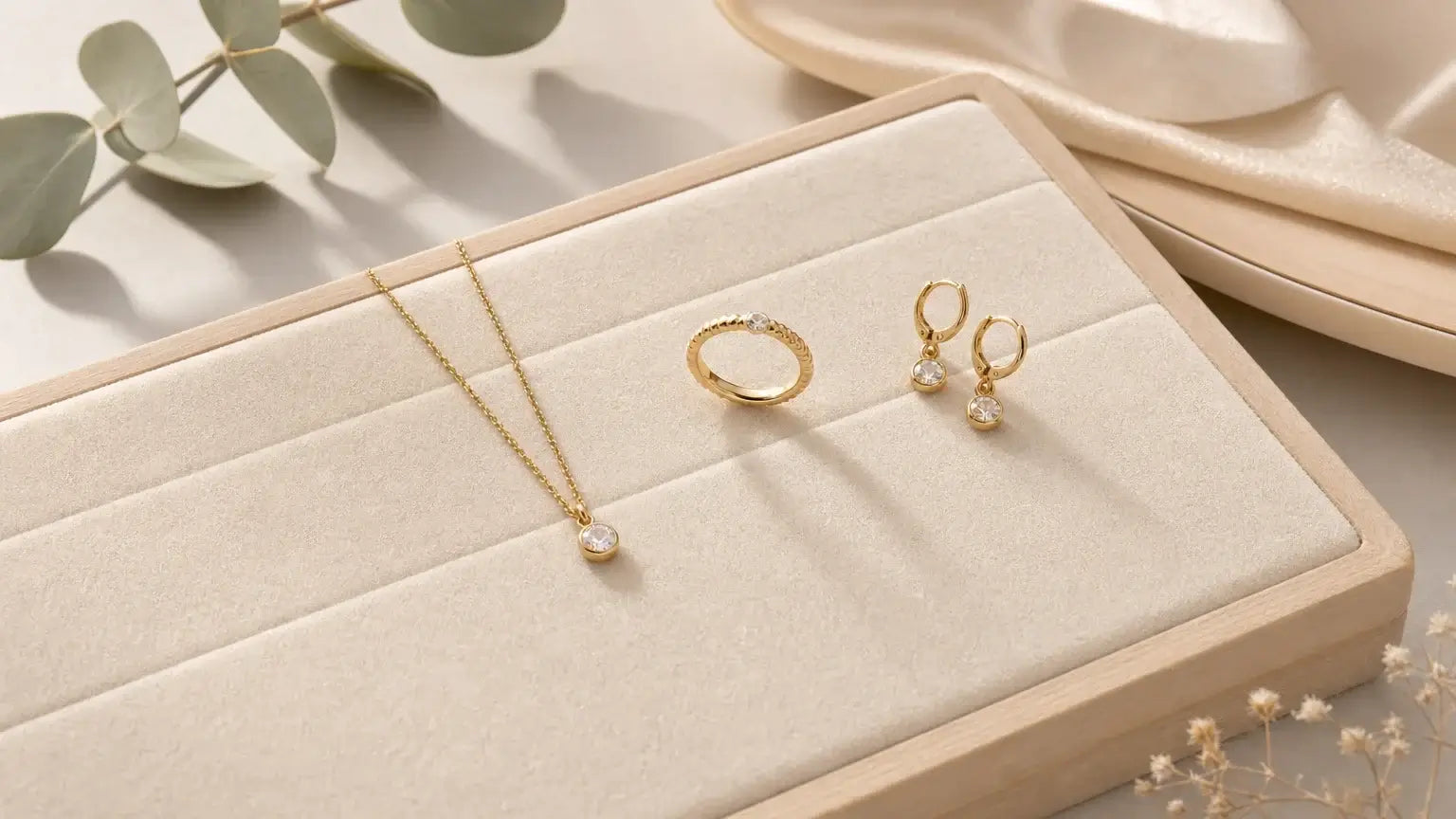 Sélection élégante de bijoux féminins sur un plateau neutre