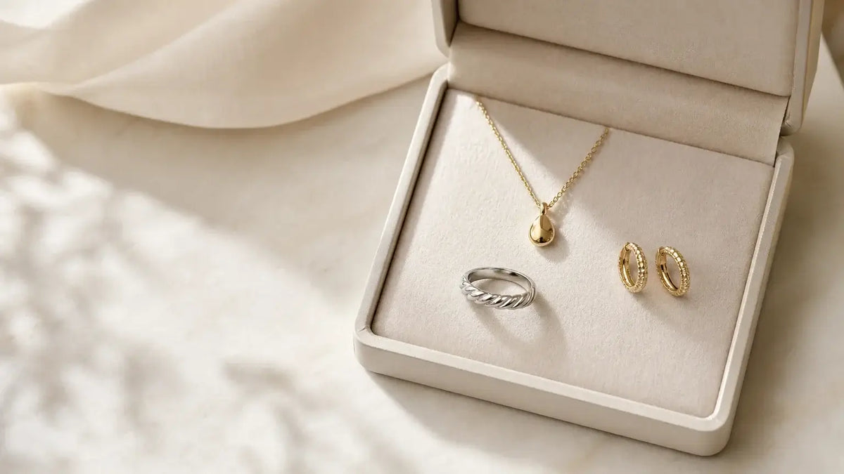 Bijoux dorés et argentés présentés dans un écrin élégant