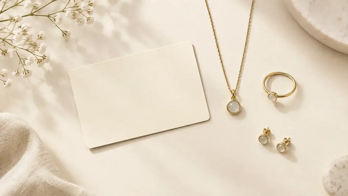Carte cadeau pour un anniversaire accompagnée de bijoux élégants sur fond clair