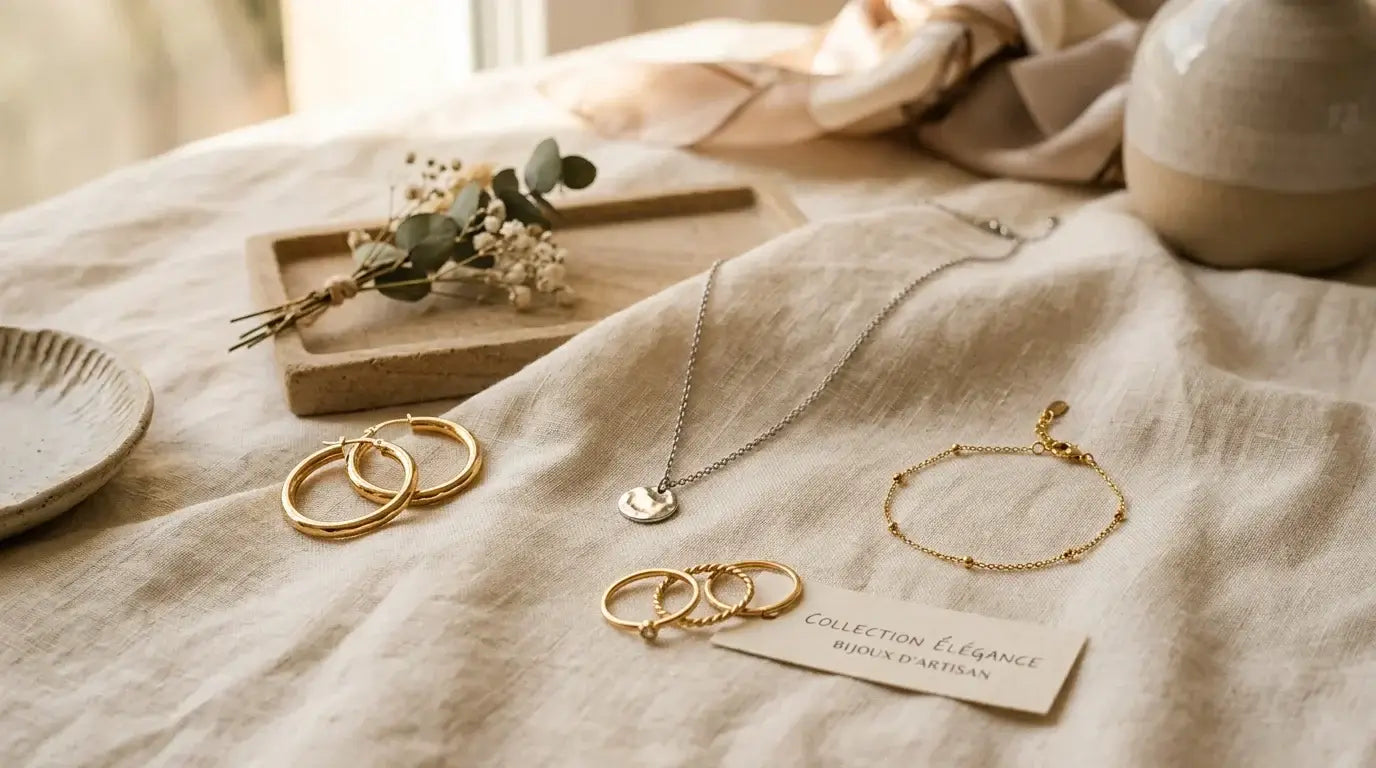 Collection de bijoux fantaisie femme élégants sur fond crème
