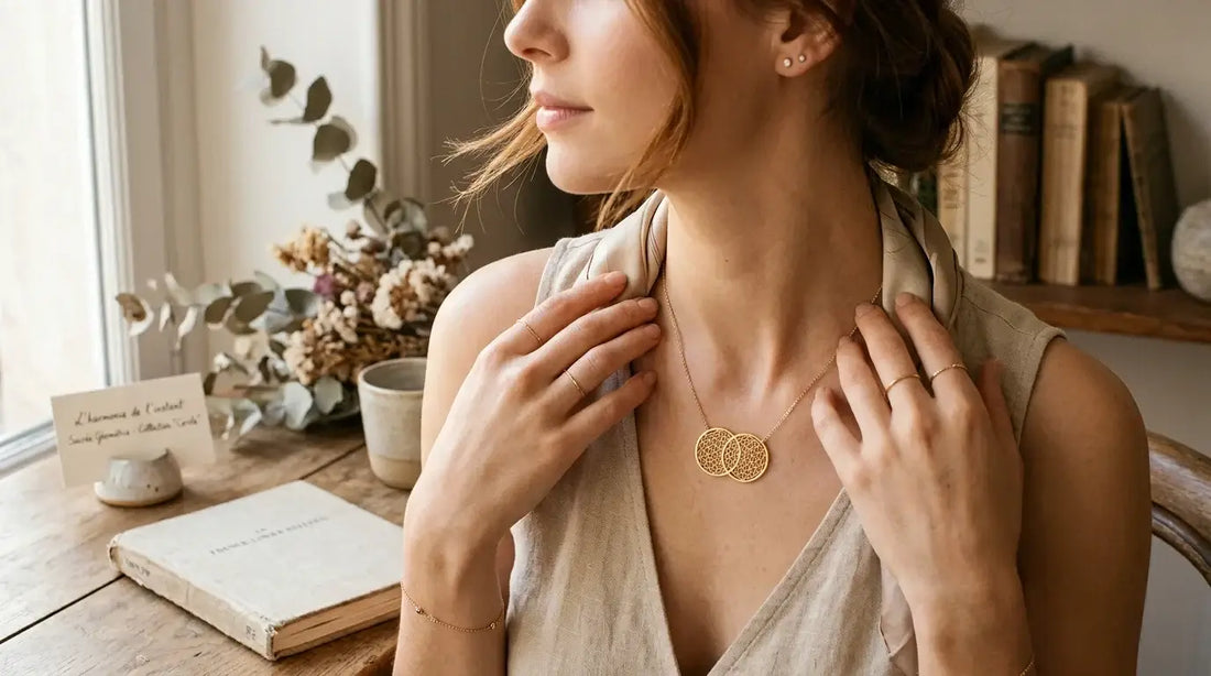 Femme portant un pendentif fleur de vie délicat près du décolleté en lumière naturelle