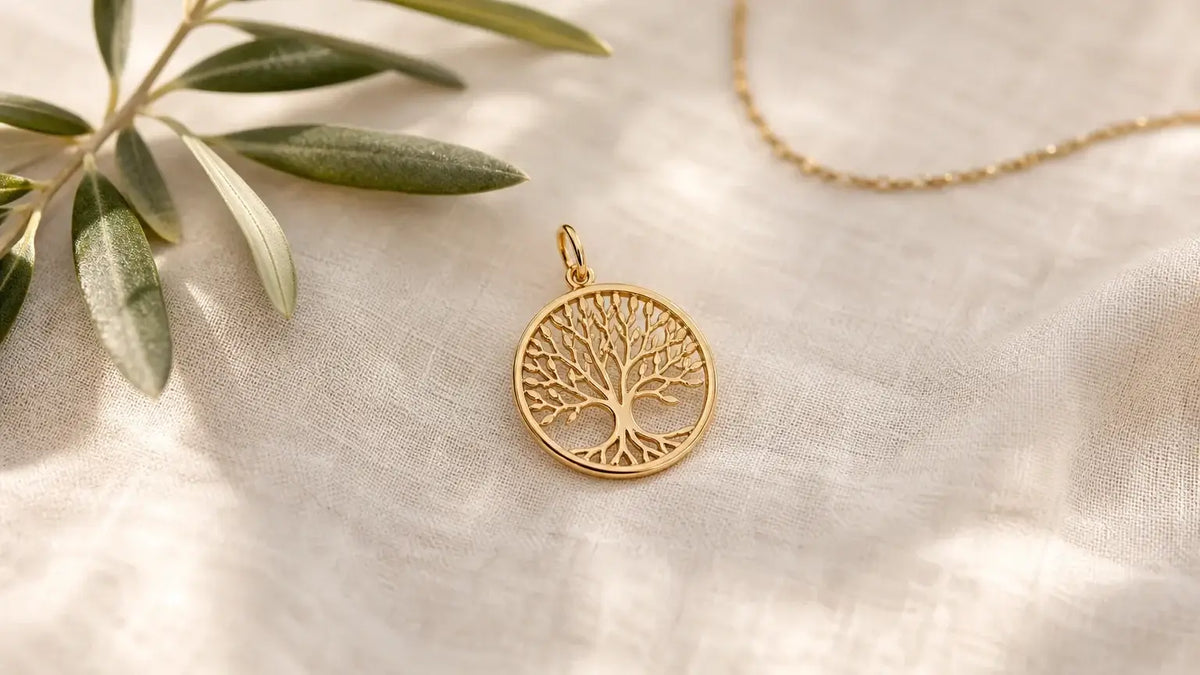 Charm arbre de vie doré posé sur un tissu naturel