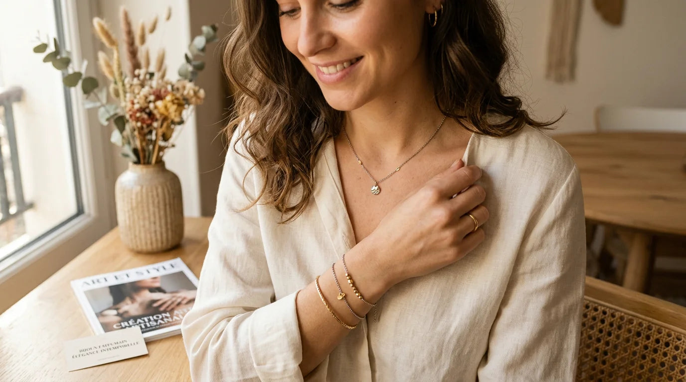 Femme portant des bijoux artisanaux élégants en acier et argent