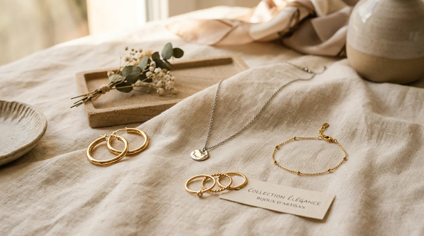 Collection de bijoux fantaisie femme élégants sur fond crème