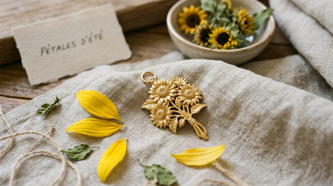Charm doré en forme de bouquet de tournesols mis en scène sur un tissu neutre