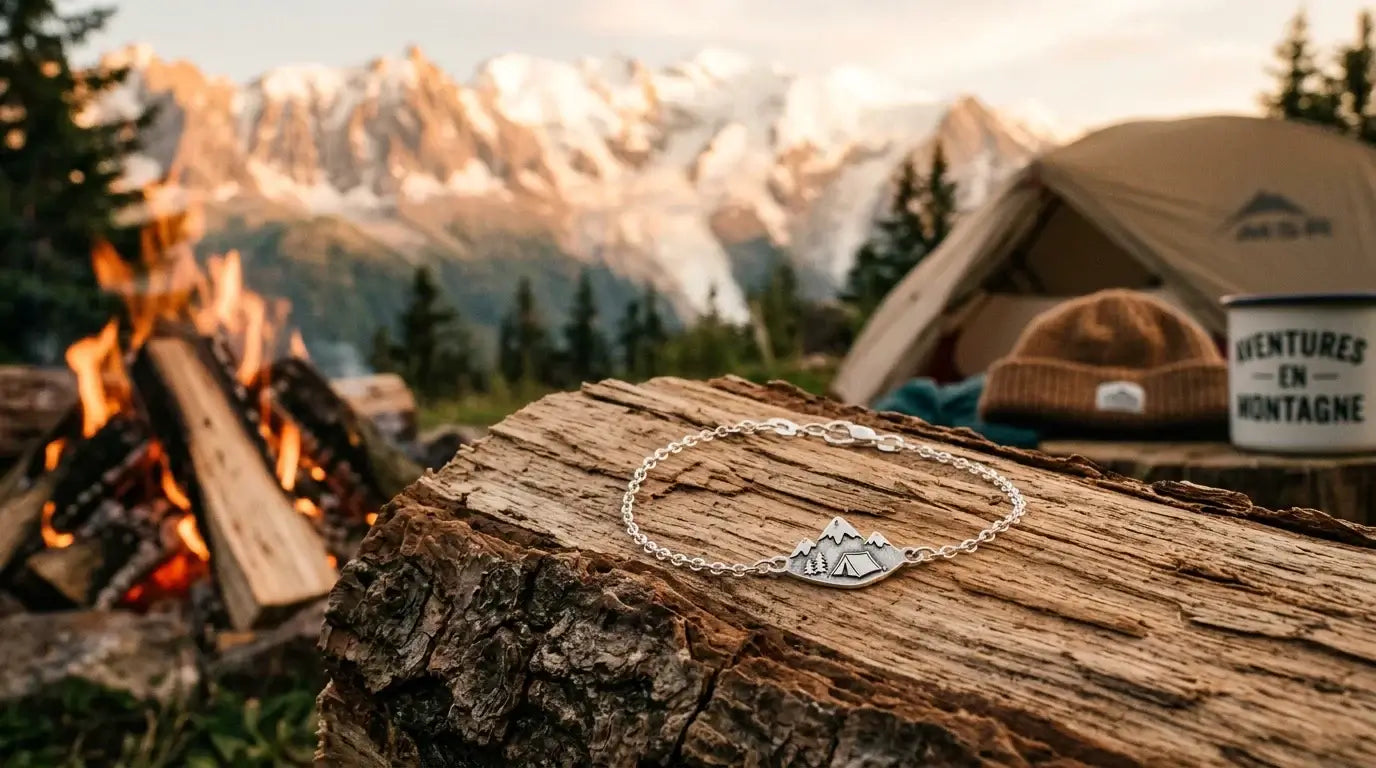 Bracelet avec une breloque montagne posé près d'un feu de camp en altitude