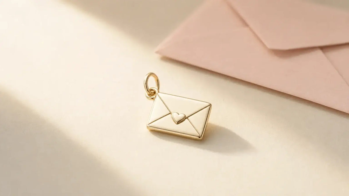 Charm enveloppe métallique posé sur un fond crème avec une enveloppe en papier