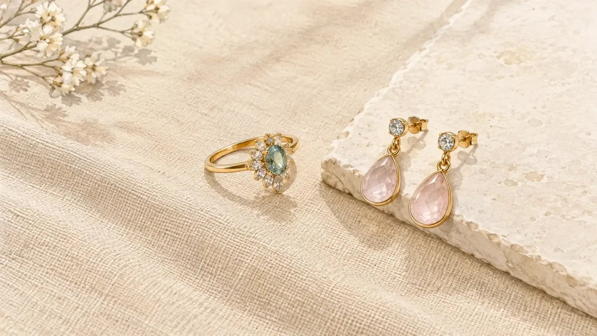 Bijoux fantaisie de styles et de matières différents présentés sur un fond naturel