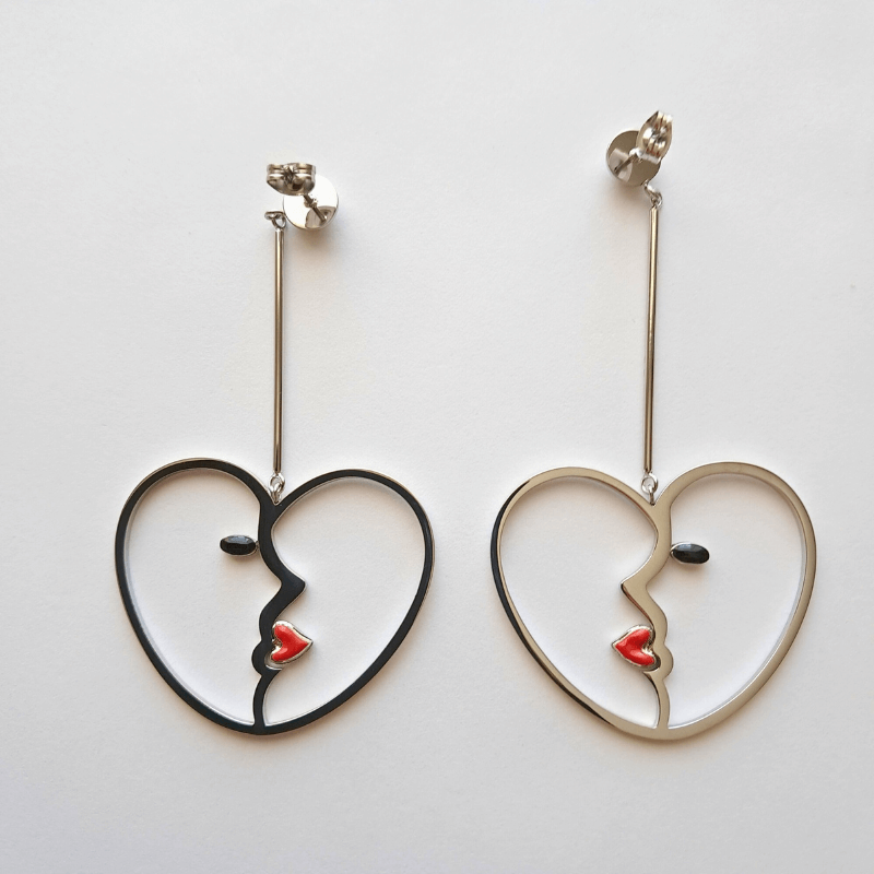 Boucles d’oreilles pendantes femme en forme de visage, émail coloré et acier inoxydable