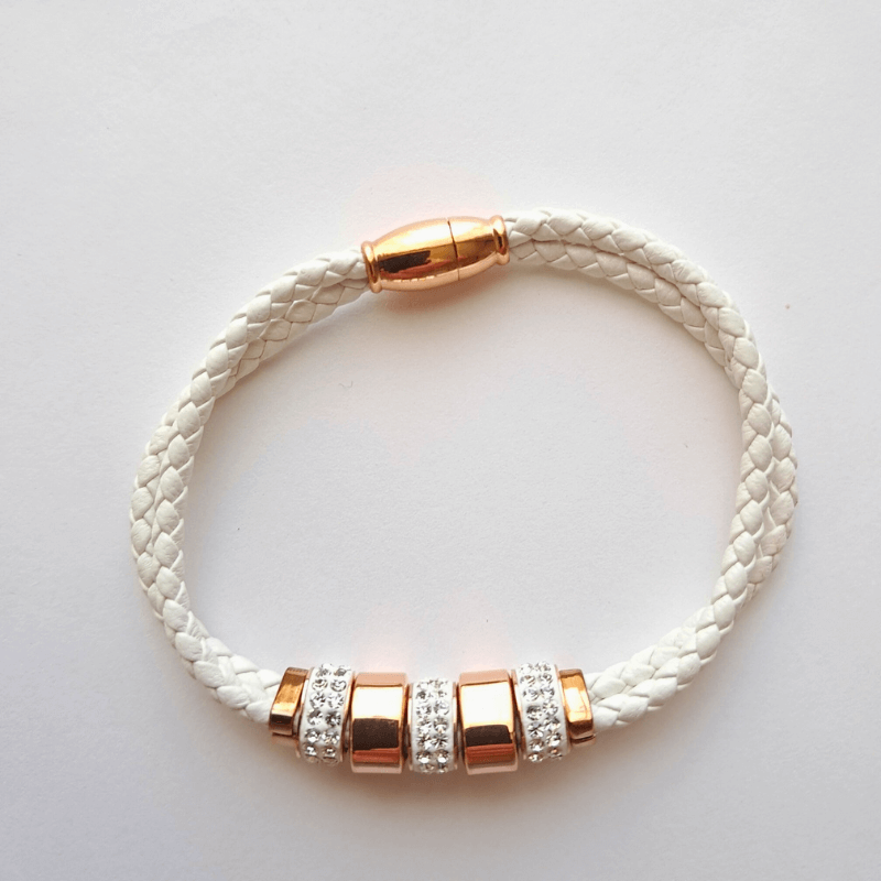 Bracelet cordon femme blanc avec perles doré rose et pierres synthétiques