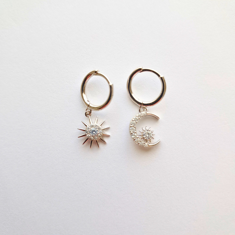 Boucles d’Oreilles Argent 925 - Duo Lune & Soleil, L’éclat d’un Ciel Unique