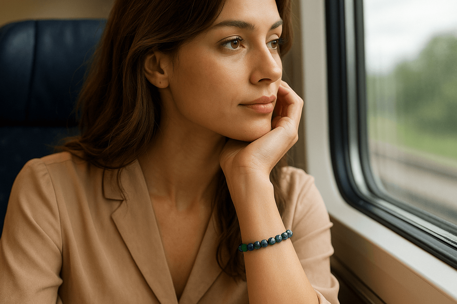 Femme dans le train avec bracelet en azurite-malachite