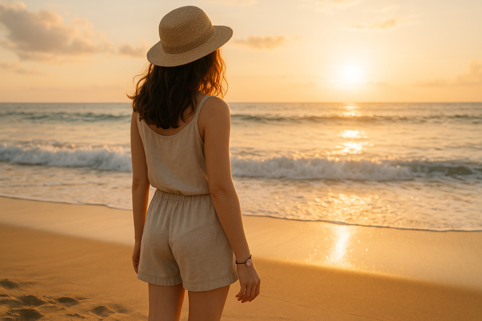 Une femme au bord de la mer portant un bracelet cordon avec quartz rose, vue de loin
